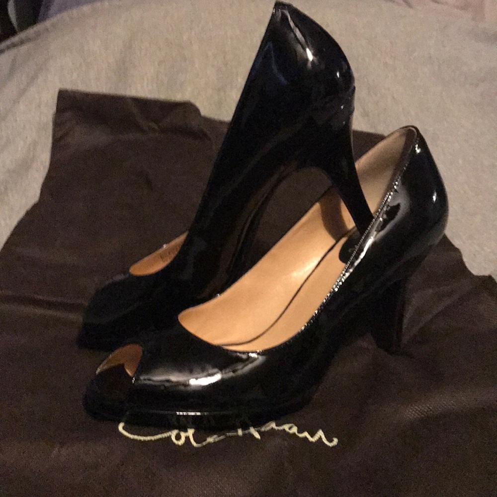 Cole Hann peep toe black patent heels
